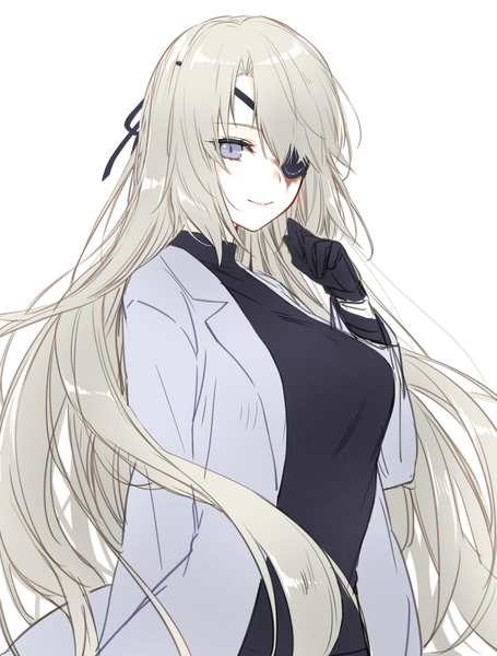 Anime picture 911x1200 with original lydia macarthur waka (shark waka) single long hair tall image looking at viewer fringe breasts simple background smile hair between eyes standing white background payot upper body long sleeves arm up grey hair open jacket