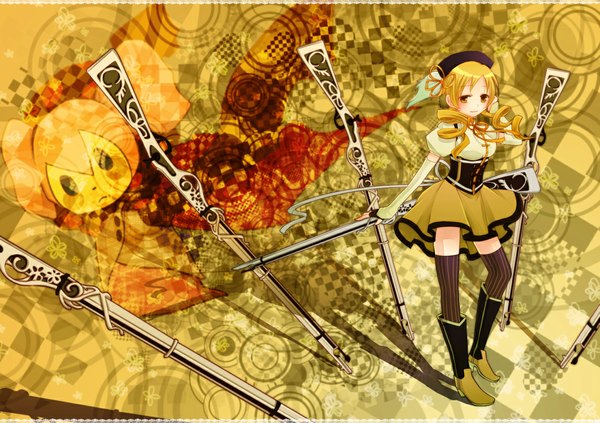 Anime picture 1120x791 with mahou shoujo madoka magica shaft (studio) tomoe mami tsuitachi single blonde hair yellow eyes drill hair curly hair girl thighhighs weapon hat boots striped thighhighs rifle