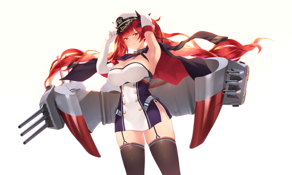 Anime picture 6496x3898 with azur lane honolulu (azur lane) cait single long hair looking at viewer blush fringe highres breasts light erotic simple background red eyes wide image large breasts standing white background twintails absurdres cleavage
