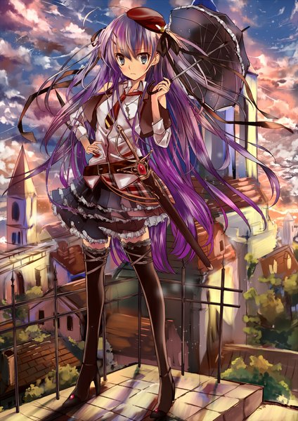 Anime picture 723x1023 with original nagata ozu single long hair tall image looking at viewer blue eyes sky purple hair cloud (clouds) girl thighhighs ribbon (ribbons) weapon black thighhighs hair ribbon sword necktie umbrella