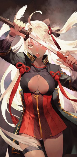 Anime picture 726x1466 with fate (series) fate/grand order koha-ace okita souji (fate) (all) okita souji alter (fate) salmon88 single long hair tall image looking at viewer blush fringe breasts open mouth light erotic simple background hair between eyes large breasts holding yellow eyes