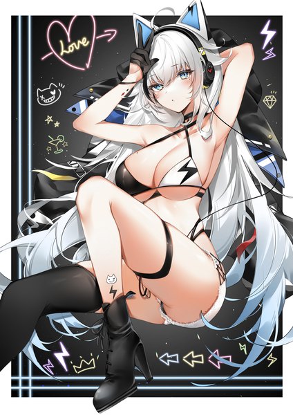 Anime picture 1765x2500 with original yukineko1018 single long hair tall image looking at viewer blush fringe highres breasts light erotic hair between eyes large breasts payot cleavage silver hair ahoge bent knee (knees) multicolored hair inscription