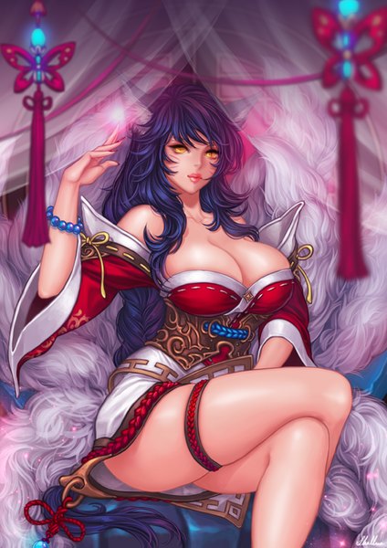 Anime picture 608x860 with league of legends ahri (league of legends) shallua single long hair tall image looking at viewer fringe breasts light erotic sitting animal ears yellow eyes blue hair tail lips legs huge breasts crossed legs facial mark
