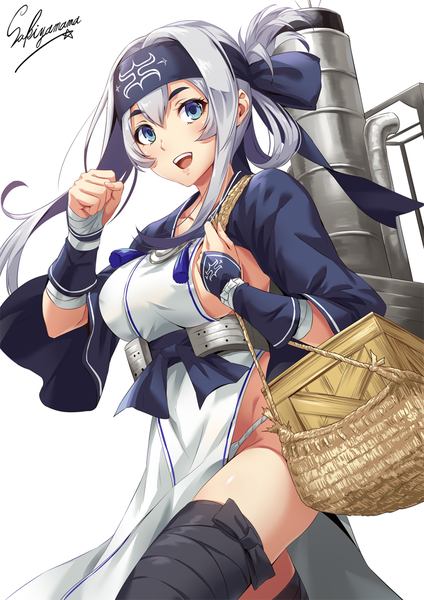 Anime picture 800x1131 with kantai collection kamoi (kantai collection) sakiyamama single long hair tall image looking at viewer blush fringe breasts open mouth blue eyes light erotic simple background smile hair between eyes large breasts white background holding signed