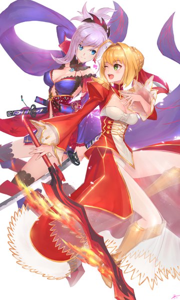 Anime picture 1500x2500 with fate (series) fate/grand order fate/extra nero claudius (fate) (all) nero claudius (fate) miyamoto musashi (fate) duan henglong long hair tall image fringe breasts open mouth blue eyes light erotic simple background blonde hair large breasts white background multiple girls holding