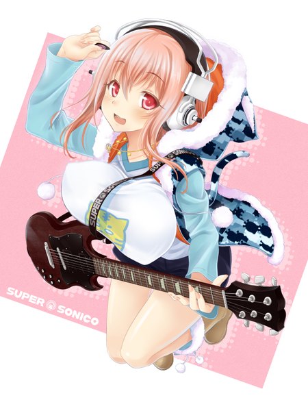Anime picture 1200x1600 with nitroplus super sonico okitakung long hair tall image looking at viewer blush breasts open mouth light erotic simple background red eyes pink hair inscription huge breasts girl shorts headphones pendant hood