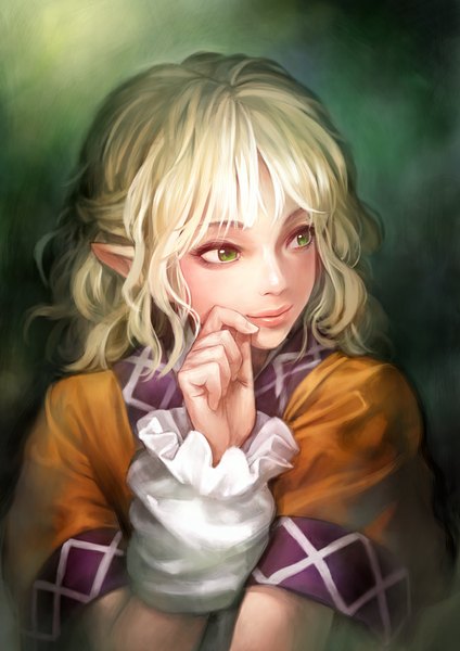 Anime picture 650x920 with touhou mizuhashi parsee matsuda (matsukichi) single long hair tall image blonde hair green eyes looking away traditional clothes pointy ears finger to mouth half updo girl dress
