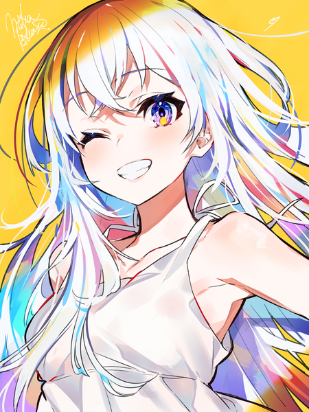 Anime-Bild 1050x1400 mit original mika pikazo single long hair tall image looking at viewer blush fringe breasts blue eyes simple background smile bare shoulders signed silver hair upper body one eye closed multicolored hair wink armpit (armpits)