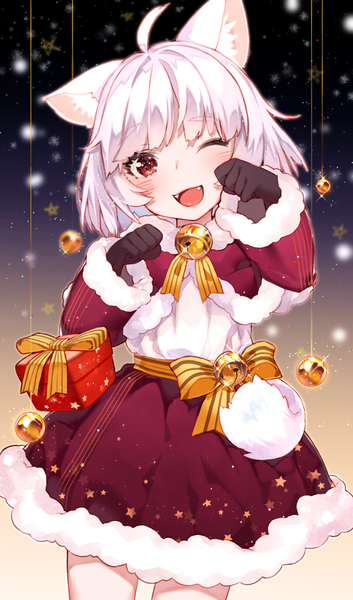 Anime picture 758x1285 with original hoshi usagi single tall image looking at viewer blush short hair open mouth red eyes animal ears ahoge white hair tail animal tail one eye closed wink cat ears cat tail fang (fangs) christmas
