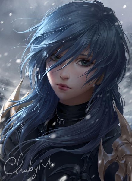 Anime picture 1024x1402 with final fantasy final fantasy xiv square enix igeyorhm chubymi single long hair tall image looking at viewer blush fringe hair between eyes green eyes signed payot blue hair upper body outdoors wind lips