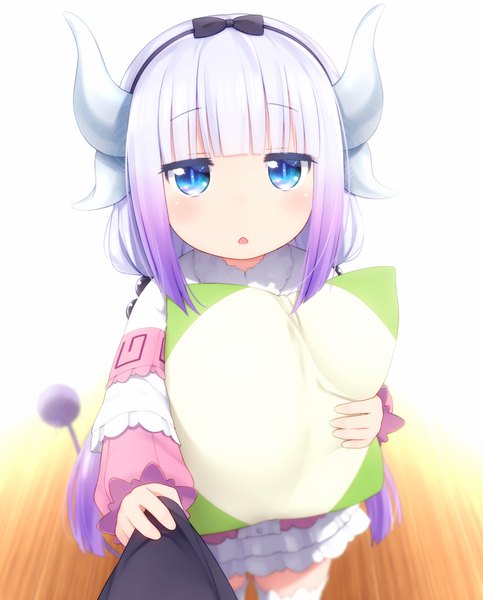 Anime picture 688x855 with kobayashi-san chi no maidragon kyoto animation kanna kamui haribote (tarao) long hair tall image fringe blue eyes standing twintails holding purple hair indoors blunt bangs multicolored hair horn (horns) low twintails gradient hair solo focus pov