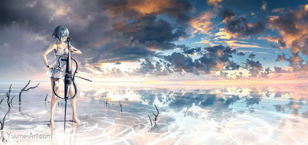 Anime picture 2000x944 with original yuumei single highres short hair breasts wide image standing holding blue hair sky cloud (clouds) barefoot reflection horizon playing instrument girl dress white dress musical instrument