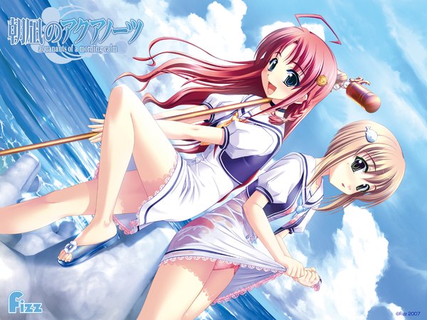 Anime picture 1280x960 with aquanauts of a morning calm long hair short hair open mouth blue eyes light erotic blonde hair multiple girls sky cloud (clouds) red hair pantyshot girl dress hair ornament underwear panties 2 girls water sea