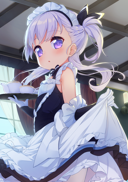 Anime picture 1254x1771 with azur lane belfast (azur lane) little bel (azur lane) tofu1601 single long hair tall image looking at viewer blush fringe purple eyes holding purple hair indoors maid one side up flat chest girl gloves uniform