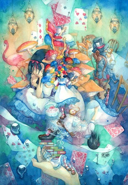 Anime picture 1040x1500 with alice in wonderland alice (wonderland) mad hatter shuka (artist) long hair tall image black hair girl dress hat animal water pillow bird (birds) book (books) chair bubble (bubbles) clock cup card (cards)
