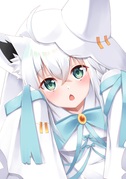 Anime picture 2150x3035 with virtual youtuber hololive shirakami fubuki miki miki single tall image looking at viewer fringe highres open mouth simple background hair between eyes white background green eyes animal ears payot ahoge white hair braid (braids) fox ears