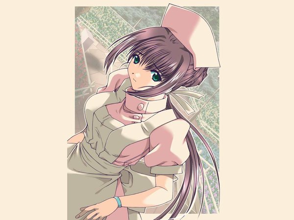 Anime picture 1024x768 with yakin byoutou nanase ren single long hair looking at viewer brown hair green eyes wallpaper framed nurse girl ribbon (ribbons) hair ribbon bracelet apron