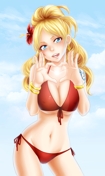 Anime picture 1000x1676 with fairy tail jenny realight hao-hime single long hair tall image blue eyes light erotic blonde hair sky cloud (clouds) ponytail hair flower midriff tattoo coloring girl navel hair ornament earrings