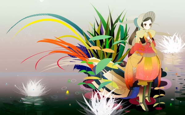 Anime picture 1680x1050 with original felt (lidsan) single long hair black hair red eyes wide image girl dress bow plant (plants) water