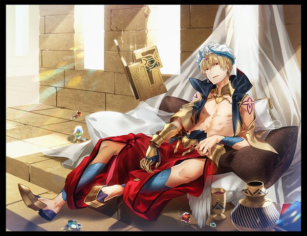 Anime picture 1000x770 with fate (series) fate/grand order gilgamesh (fate) gilgamesh (caster) (fate) kyo zip single looking at viewer fringe short hair blonde hair hair between eyes red eyes bare shoulders full body tattoo border reclining boy armor curtains