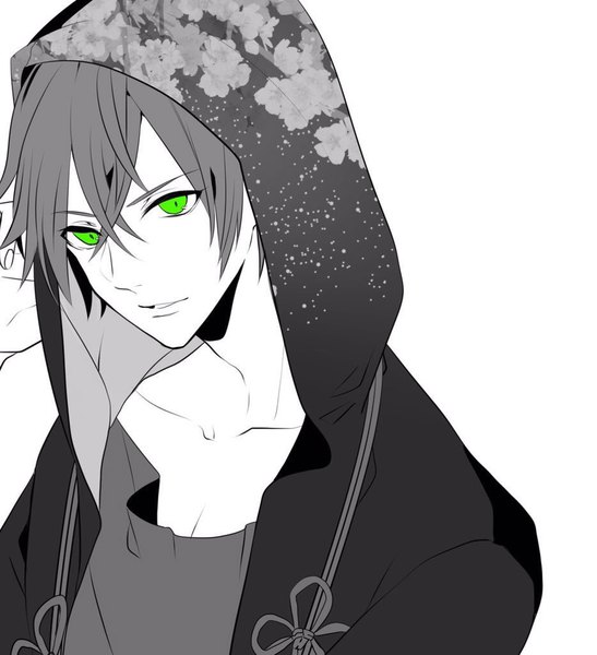 Anime picture 934x1024 with original ksb_x4 single tall image looking at viewer fringe short hair simple background hair between eyes white background green eyes light smile floral print monochrome spot color double exposure boy hood