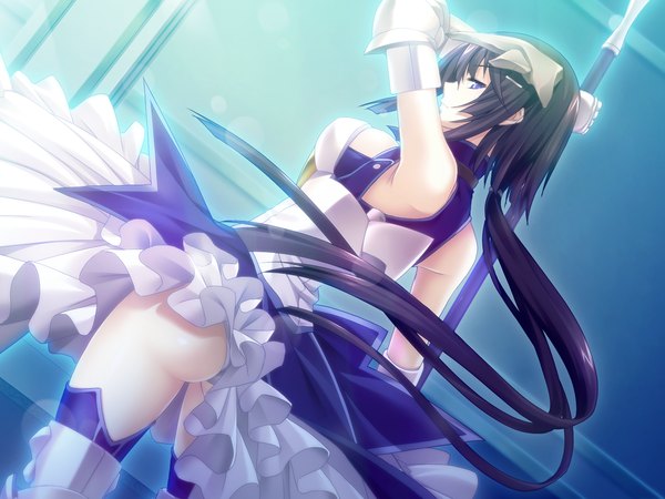 Anime picture 1600x1200 with maou to odore! single long hair blue eyes light erotic black hair game cg ponytail girl dress gloves elbow gloves armor