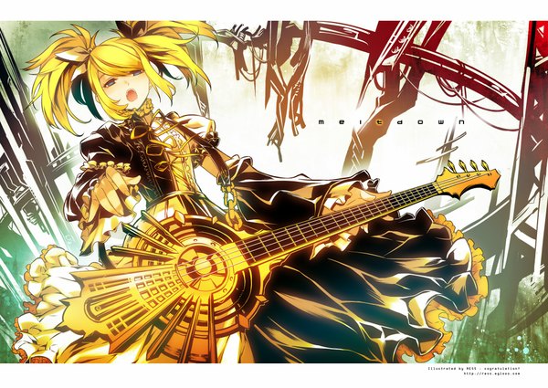 Anime picture 2000x1417 with vocaloid meltdown (vocaloid) kagamine rin ress highres open mouth blue eyes blonde hair twintails singing girl dress ribbon (ribbons) detached sleeves musical instrument guitar