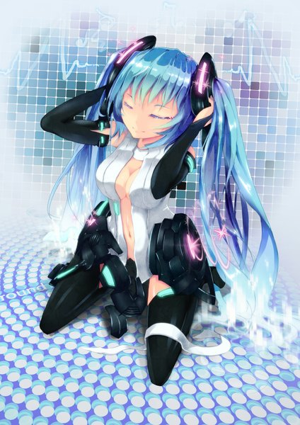 Anime picture 1240x1754 with vocaloid vocaloid append hatsune miku hatsune miku (append) ue (artist) long hair tall image twintails blue hair eyes closed midriff girl thighhighs gloves navel black thighhighs elbow gloves headphones
