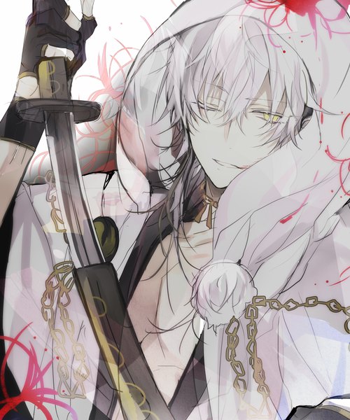 Anime picture 800x960 with touken ranbu nitroplus tsurumaru kuninaga poni (rito) single long hair tall image looking at viewer fringe smile hair between eyes yellow eyes upper body white hair parted lips unsheathing boy gloves flower (flowers) weapon