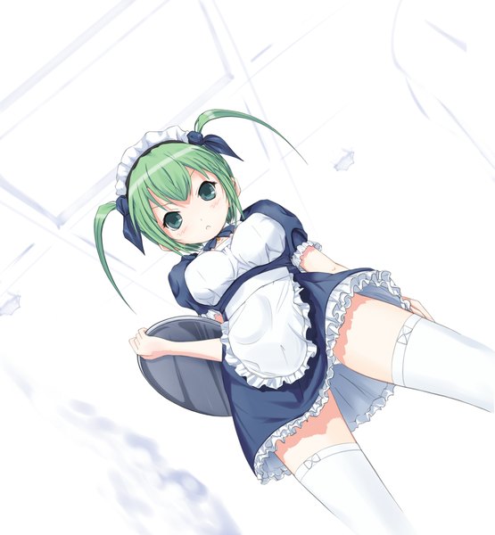 Anime picture 1000x1080 with original moyacy (pixiv) tall image blush short hair light erotic simple background white background twintails green eyes green hair maid short twintails girl thighhighs white thighhighs headdress maid headdress