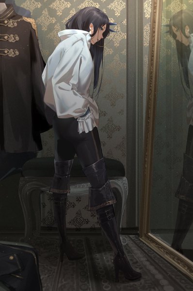 Anime-Bild 1358x2048 mit original oekaki taro single long hair tall image looking at viewer fringe open mouth blue eyes black hair standing full body indoors profile horn (horns) blurry high heels reflection oni horns hands in sleeves