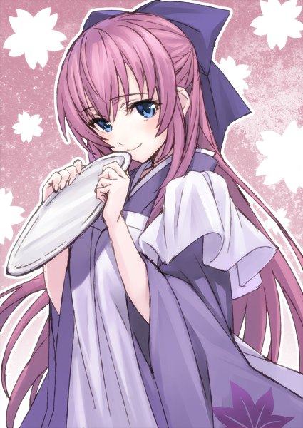Anime picture 850x1200 with vocaloid senbonzakura (vocaloid) megurine luka matsuryuu single long hair tall image looking at viewer blush blue eyes smile holding pink hair traditional clothes japanese clothes girl bow hair bow kimono tray
