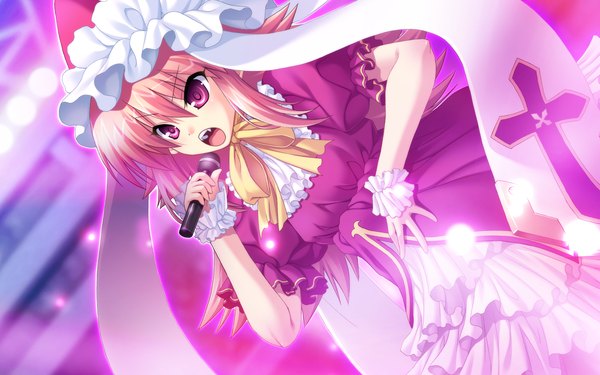 Anime picture 1920x1200 with chu x chu idol chu x chu idol 2 ruuchu astram akifumi ozawa long hair highres open mouth wide image game cg pink eyes orange hair teeth fang (fangs) singing girl dress bow headdress maid headdress cross