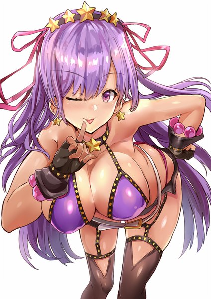 Anime picture 672x950 with fate (series) fate/grand order bb (fate) (all) bb (swimsuit mooncancer) (fate) himuro (dobu no hotori) single long hair tall image looking at viewer blush fringe breasts light erotic simple background smile hair between eyes standing white background purple eyes bare shoulders