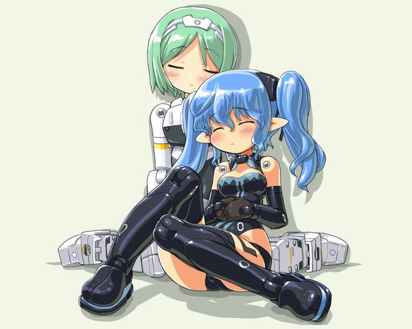 Anime picture 1024x819 with busou shinki long hair blush short hair light erotic simple background white background sitting twintails multiple girls blue hair eyes closed green hair pointy ears sleeping girl 2 girls