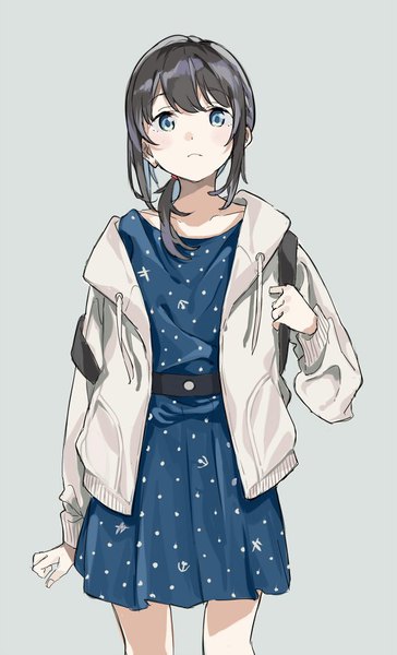 Anime picture 584x962 with kantai collection fubuki destroyer hei (tonarinohey) single long hair tall image looking at viewer fringe blue eyes black hair simple background standing holding long sleeves off shoulder grey background open clothes official alternate costume girl dress