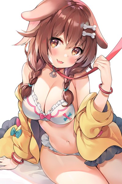 Anime picture 1000x1502 with virtual youtuber hololive inugami korone ayami (annahibi) single long hair tall image looking at viewer blush fringe breasts open mouth light erotic smile hair between eyes brown hair large breasts brown eyes animal ears cleavage