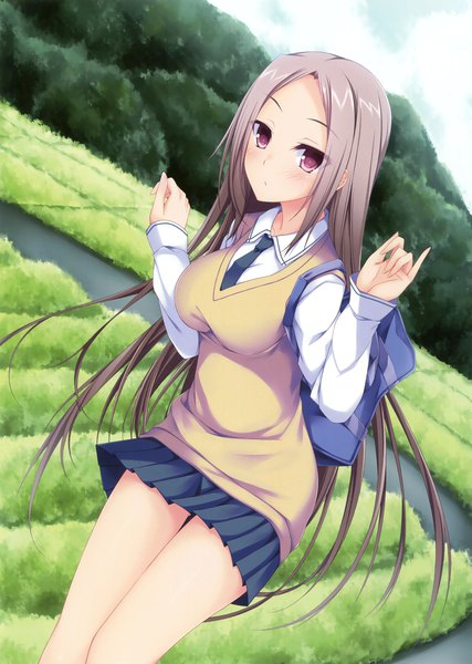 Anime picture 2494x3500 with original suterii single tall image looking at viewer blush highres brown hair purple eyes outdoors very long hair pleated skirt wind scan girl skirt uniform school uniform miniskirt necktie