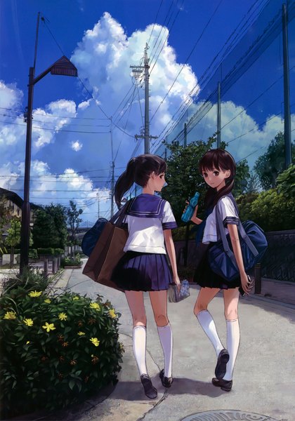 Anime picture 1226x1750 with original kishida mel long hair tall image black hair multiple girls sky cloud (clouds) ponytail looking back black eyes girl skirt flower (flowers) 2 girls miniskirt socks serafuku white socks power lines