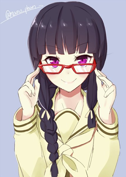 Anime picture 642x900 with kantai collection kitakami light cruiser takehana note single long hair tall image looking at viewer fringe black hair simple background smile purple eyes signed braid (braids) purple background girl uniform glasses serafuku