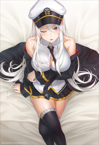 Anime picture 1234x1800 with azur lane enterprise (azur lane) s-goon single long hair tall image looking at viewer blush fringe breasts open mouth light erotic hair between eyes large breasts sitting purple eyes bare shoulders payot silver hair pleated skirt