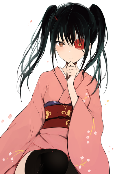 Anime picture 550x829 with gintama sunrise (studio) yagyuu kyuubei lpip single long hair tall image looking at viewer blush fringe black hair simple background hair between eyes white background sitting twintails brown eyes payot traditional clothes japanese clothes