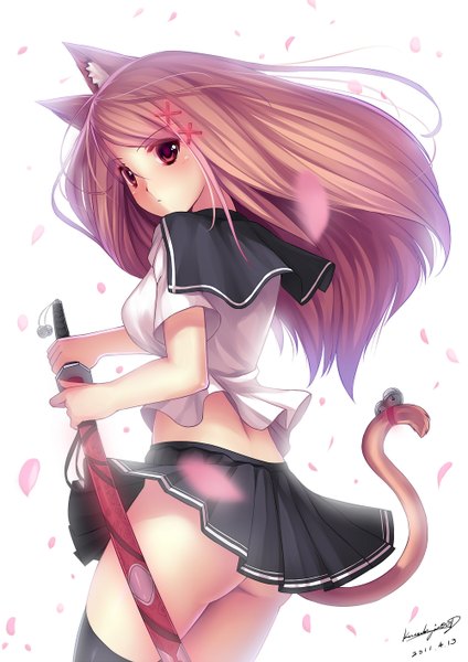 Anime picture 1000x1414 with original caidychen single long hair tall image light erotic red eyes brown hair white background animal ears ass looking back cat ears cat girl cat tail ready to draw girl thighhighs uniform hair ornament