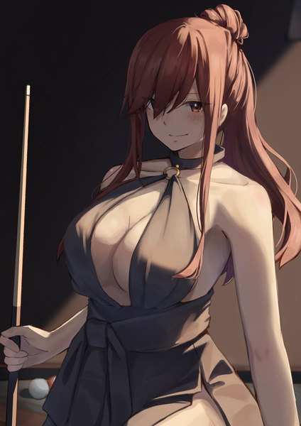 Anime picture 1414x2000 with fairy tail erza scarlet mochigome (oekakisuki ch) single long hair tall image fringe breasts light erotic smile hair between eyes red eyes large breasts looking away ponytail red hair girl dress black dress cue stick
