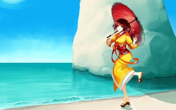 Anime picture 1920x1200 with original yuumei single highres red eyes wide image red hair japanese clothes wallpaper beach girl hair ornament water kimono hairclip sea umbrella
