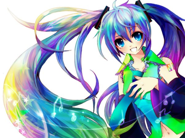 Anime picture 1530x1142 with vocaloid hatsune miku long hair blue eyes simple background smile hair between eyes white background twintails multicolored hair grin girl detached sleeves necktie star (symbol)