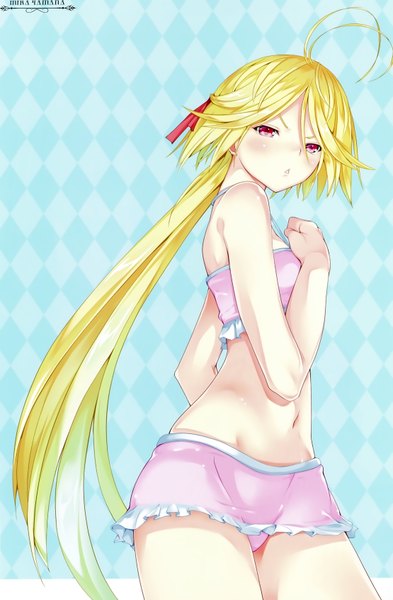 Anime picture 4438x6765 with trinity seven yamana mira nao akinari single long hair tall image blush highres light erotic blonde hair simple background red eyes absurdres ahoge scan official art girl navel ribbon (ribbons) hair ribbon