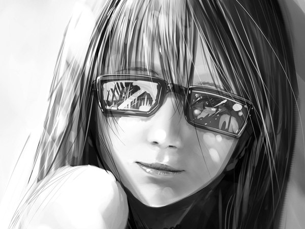 Anime picture 3000x2250 with original 108 single long hair looking at viewer highres bare shoulders light smile lips monochrome close-up girl glasses