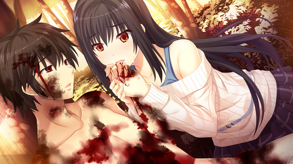 Anime picture 1280x720 with houkago no futekikakusha suenaga haruka (houkago no futekikakusha) long hair short hair light erotic black hair red eyes wide image game cg couple tears girl dress boy blood