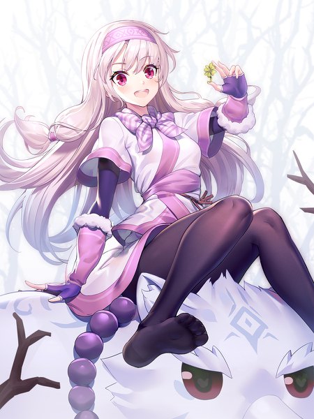 Anime picture 900x1200 with fate (series) fate/grand order illyasviel von einzbern sitonai shirou (fate/grand order) ririko (zhuoyandesailaer) single long hair tall image looking at viewer blush fringe open mouth smile hair between eyes sitting holding silver hair :d pink eyes